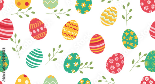 Seamless easter pattern showcases a vibrant variety of decorated eggs and green leafy branches scattered across a clean white background.