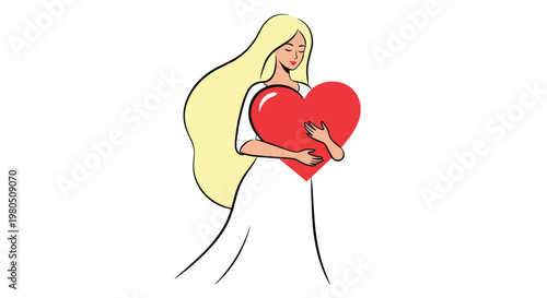 Beautiful woman with very long blonde hair wears a white dress and hugs a large red heart with a peaceful and loving expression.