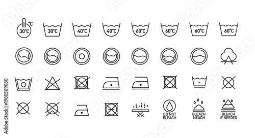 Collection of laundry care symbols and washing instructions icons.