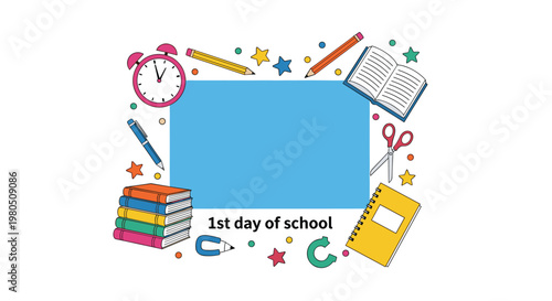 Back to school themed frame featuring a blue central space surrounded by books, clock, scissors, pencils, and notebooks.