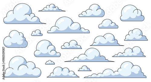 Large collection of white fluffy cartoon clouds in various shapes and sizes isolated on a clean white background.