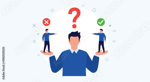 Man facing a difficult decision with small figures on his hands representing right and wrong choices under a question mark.