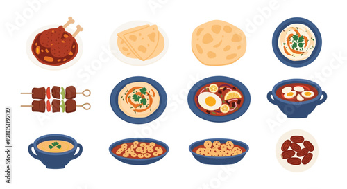 Collection of assorted Middle Eastern and Arabic dishes including kebabs, hummus, flatbread, soup, and dates on plates.