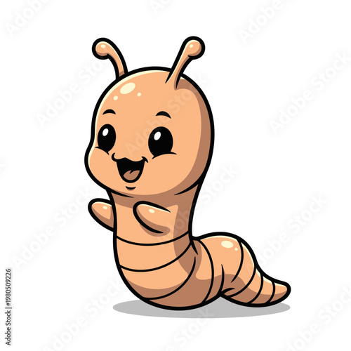 Cute chibi worm mascot character with a smiling face, peach colored segmented body and small antennae, cartoon larva illustration isolated on a white background for kids design.
