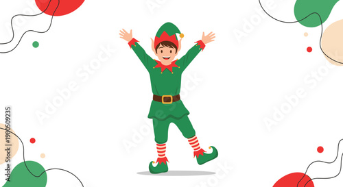 Energetic christmas elf wearing a green and red outfit with a pointed hat jumps with joy against a festive abstract background.