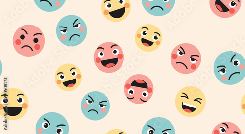 Seamless background displays a variety of colorful circular emoji faces with happy angry and neutral expressions on a peach background.