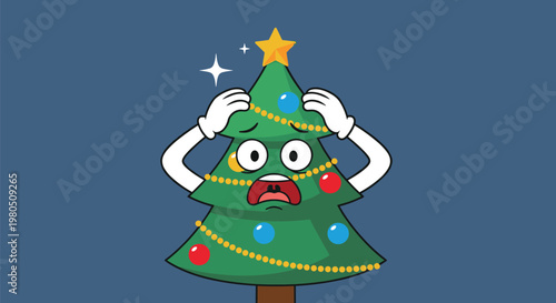 Scared christmas tree character with its hands on its head shows a shocked expression with wide eyes and an open mouth.
