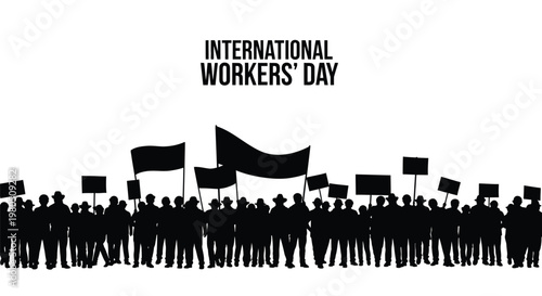 International Workers' Day with a crowd of people holding signs and flags in protest