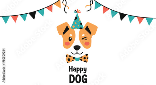 Happy dog face with a party hat and a polka dot bow tie celebrates a birthday under festive colorful bunting and a happy dog text.