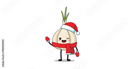 Happy garlic bulb character dressed in a red santa hat a matching red scarf and red mittens waves while smiling on a white background.