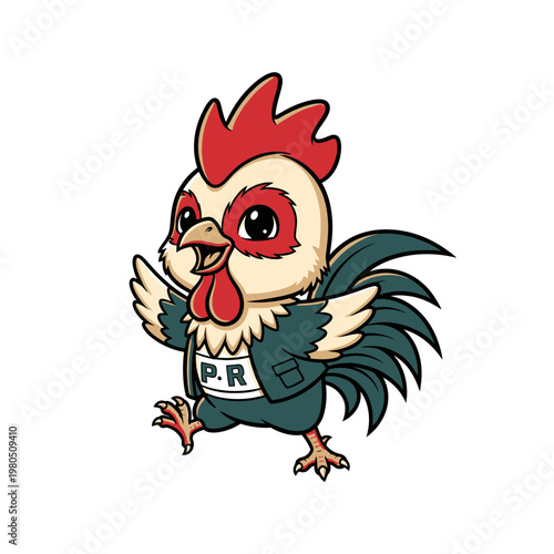 Chibi rooster character wearing a green jacket and a white shirt with P.R text, featuring a red comb and wattles, vector illustration of a cute cockerel mascot on white background.