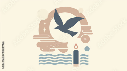 Minimalist Spiritual Composition with Flying Dove, Candle Flame, Water Waves, and Abstract Geometric Shapes Symbolizing Peace, Faith, and Hope Illustration