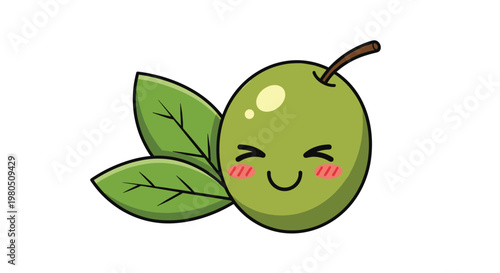 Cute green olive character with two fresh leaves and rosy cheeks smiles with its eyes closed in a happy and healthy food illustration.