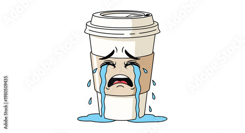 Distressed takeaway coffee cup character with a brown sleeve and white lid cries with large blue tears streaming down into a puddle.