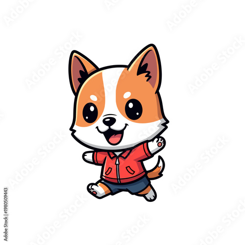 Chibi dog character wearing a red zip-up jacket and blue shorts, smiling and walking, orange and white fur, large black eyes, and pointy ears, isolated on white background cartoon.