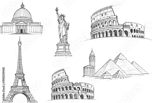 Collection of iconic landmarks and monuments from around the world in line art style