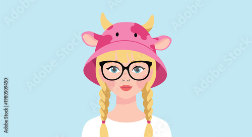 Blonde girl with two braids wearing black glasses and a pink cow hat with ears and horns looks forward with a slight smile.