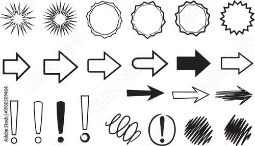 Collection of various black and white graphic design elements and symbols for digital editing