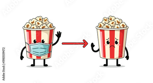 Two popcorn bucket characters showing a comparison between wearing a medical mask and feeling sad without one.