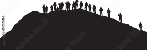 Silhouette of people standing on a hilltop, group of individuals in black silhouette, landscape vector icon, outdoor gathering