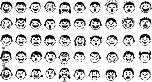 Diverse cartoon faces with various emotions and expressions in black and white