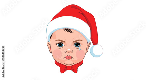 Detailed illustration of a crying baby face with rosy cheeks wearing a red Santa hat and a festive red bow tie.