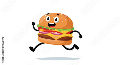 Energetic cheeseburger character with happy expression running fast against a clean white background for food themes.