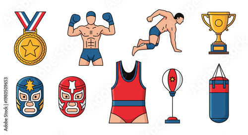 Collection of wrestling and boxing icons including an athlete, masks, medals, trophy, punching bag, and singlet.
