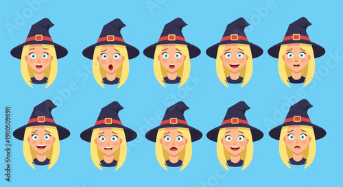 Multi-pack of female witch faces with blonde hair and purple hats showing ten different expressions and emotions.