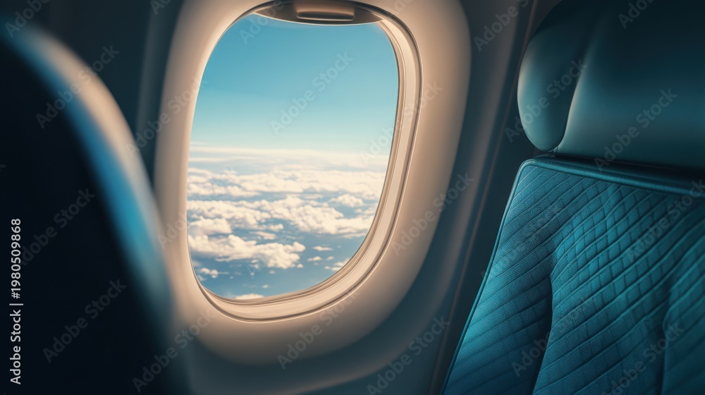 Naklejka premium Experience first class luxury airplane seat with window view in-flight comfort and elegance high above the clouds
