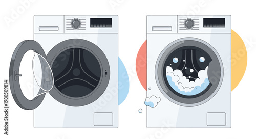 Comparison of two white front-load washing machines, one with an open door and one running with plenty of soap suds.