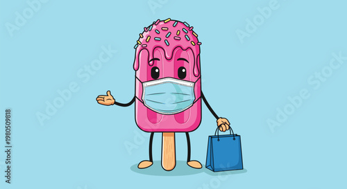 Pink popsicle mascot wearing a protective face mask and holding a blue shopping bag on a light blue background.