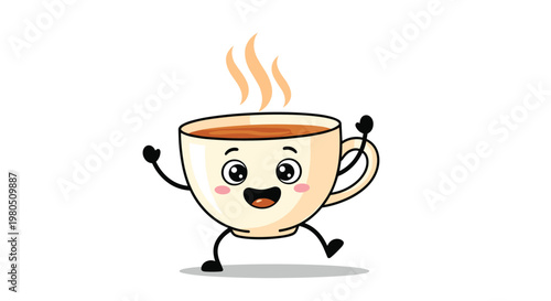 Cheerful and cute coffee cup character with a smiling face and steam rising from a hot beverage against a white background.