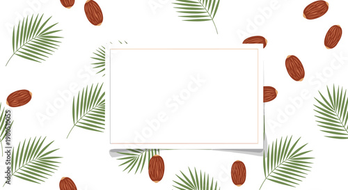 Elegant frame template with palm leaves and brown dates scattered around a white rectangular space for custom text.