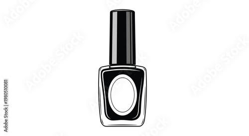 Minimalist black and white sketch of a nail polish bottle with an empty oval label for custom branding or design.