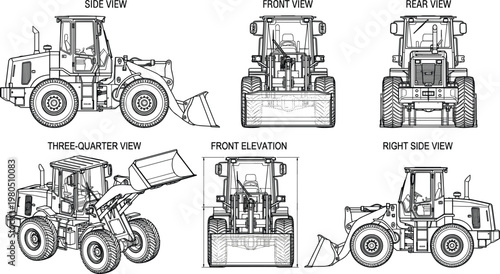 Wheel loader construction machine multi view technical drawing with front side rear and perspective detailed engineering line illustration