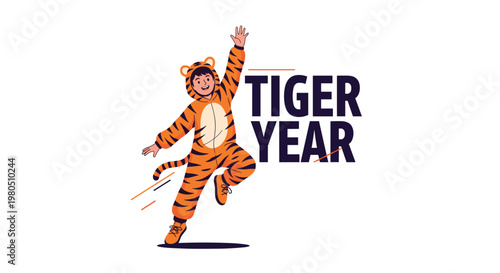 Young boy jumping with excitement while wearing a tiger striped onesie costume for the chinese lunar new year of the tiger.