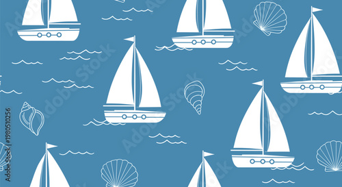 Nautical seamless pattern featuring white sailboats with masts and various sea shells on a calm blue ocean background for fabric.
