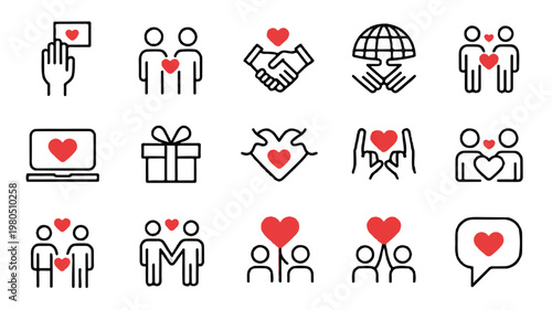 Diverse minimalist line art icons collection representing love, relationships, charity, and social connection concepts for modern web and mobile application interfaces