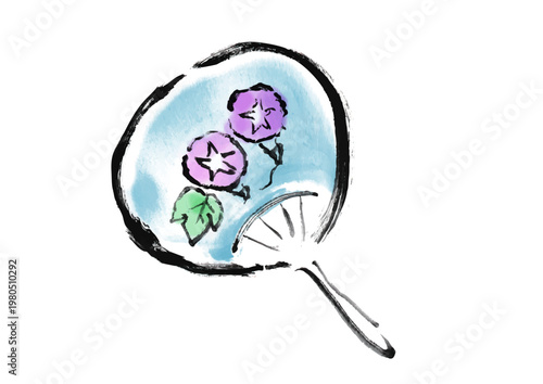 朝顔の柄のうちわ　筆書きイラスト