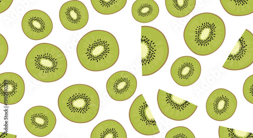 Refreshing pattern of various kiwi fruit slices and wedges scattered across a white background showing seeds and green pulp.