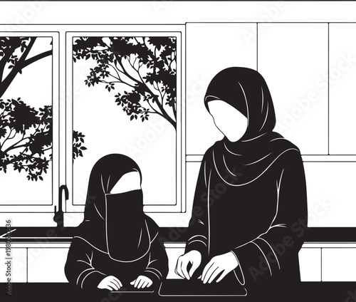 Black and white vector illustration, Muslim woman and child in kitchen, hijab and niqab, modern home interior