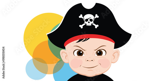 Adorable baby boy wearing a black pirate hat with a skull and crossbones emblem against a colorful background of circles.