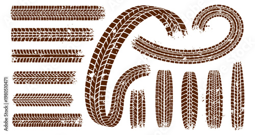 Brown grunge tire tracks and mud trails set