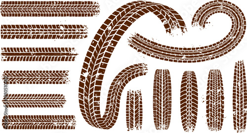Brown grunge tire tracks and mud trails set