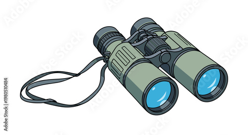 Detailed illustration of a pair of green binoculars with a neck strap and blue lenses for birdwatching and outdoor exploration.