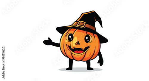 Cheerful orange pumpkin character waving its hand and wearing a black witch hat with an orange buckle on a white background.