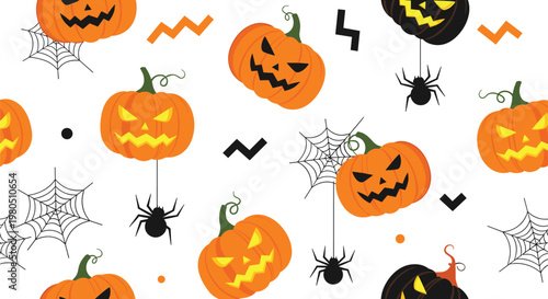 Spooky seamless halloween pattern with orange and black jack o lanterns, spiders on webs, and zigzag lines on a white background.