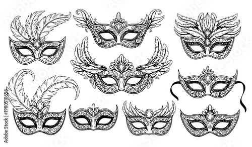 Ornate masquerade masks set – decorative carnival vector illustration collection