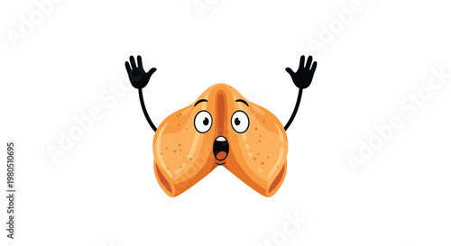 Funny fortune cookie character with a shocked and surprised expression with its hands raised on a clean white background for humor.